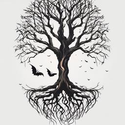 Spooky Tree Tattoo - Tattoo featuring a tree with a spooky and Halloween theme.  simple color tattoo,minimalist,white background