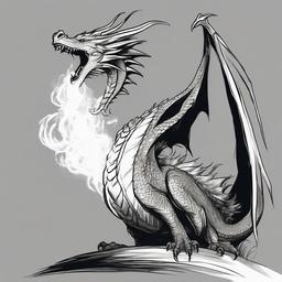 drawing of a dragon breathing fire  minimal rough sketch scribbles,doodles,black and white