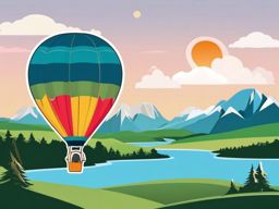 Penguin Hot Air Balloon Adventure Sticker - A penguin embarking on a whimsical hot air balloon adventure over scenic landscapes. ,vector color sticker art,minimal