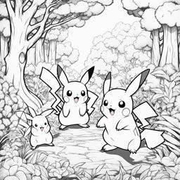 pokemon coloring pages - pikachu and friends explore a dense, enchanted forest. 