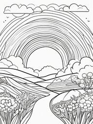 Rainbow Coloring Page - Rainbow over a whimsical landscape.  easy,simple,minimal,coloring pages,black and white outline