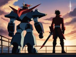 simon and kamina stand defiantly on the deck of their mecha, the gurren lagann. 