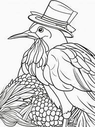 Turkey with a Pilgrim Hat and Corn Coloring Pages - Classic Thanksgiving Scene  minimal black outline printable sheet, coloring page