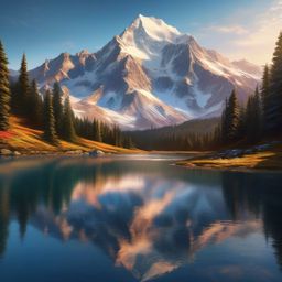 Majestic snow-capped mountain peak, its hidden alpine lake shimmers in gentle afternoon light, reflecting grandeur of towering mountain. hyperrealistic, intricately detailed, color depth,splash art, concept art, mid shot, sharp focus, dramatic, 2/3 face angle, side light, colorful background