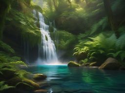 Pristine waterfall, framed by lush ferns and moss-covered rocks, cascades into a crystal-clear pool, inviting travelers to cool off in its refreshing embrace. hyperrealistic, intricately detailed, color depth,splash art, concept art, mid shot, sharp focus, dramatic, 2/3 face angle, side light, colorful background