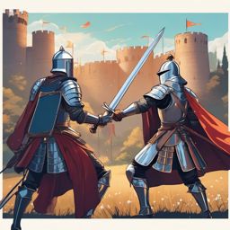 Chivalrous knight and gallant knight companion, in shining armor, participating in a grand medieval joust, aiming their lances at worthy opponents, as a matching pfp for friends. wide shot, cool anime color style