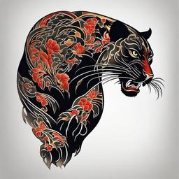 Japanese Panther Tattoo-Traditional Japanese tattoo design featuring a powerful and dynamic panther.  simple color tattoo,white background