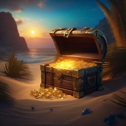 Depths of forgotten pirate treasure chest, hidden on remote desert island, lay riches untold, waiting for daring adventurer to uncover their secrets. hyperrealistic, intricately detailed, color depth,splash art, concept art, mid shot, sharp focus, dramatic, 2/3 face angle, side light, colorful background