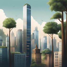 building clipart - a skyscraper that morphs into a towering tree, nurturing an urban jungle 