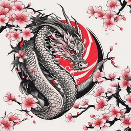 Japanese Cherry Blossom Dragon Tattoo - Dragon and cherry blossoms in Japanese tattoo art.  simple color tattoo,white background,minimal