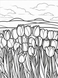 Tulip coloring page sheet - Bright tulips standing tall in a field under a clear sky.  black outline printable coloring page