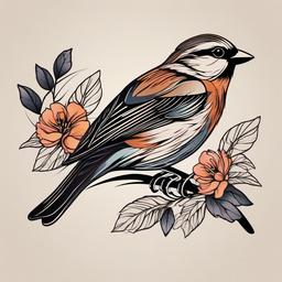 sparrow with flowers tattoo  minimalist color tattoo, vector