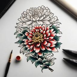 Japanese Chrysanthemum Tattoo Design - Traditional Japanese chrysanthemum tattoo design.  simple color tattoo,white background,minimal