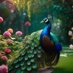 Cute Peacock Displaying Feathers in an Enchanted Garden 8k, cinematic, vivid colors