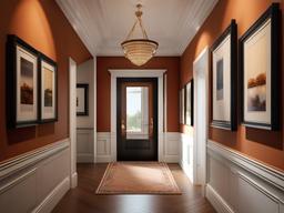 The hallway showcases traditional interior design through elegant molding, classic artwork, and warm colors that create a welcoming passage.  