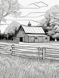 House Coloring Pages - Rustic barn with hay bales and farm equipment  simple coloring pages