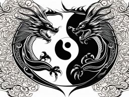 Yin yang with dragon tattoo, Tattoos that blend the symbolism of yin and yang with dragon imagery.  color, tattoo style pattern, clean white background