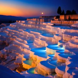 pamukkale, turkey - paint the surreal white terraces of pamukkale, illuminated by the soft glow of the moon. 