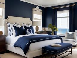 Nautical bedroom conjures the serenity of the sea with crisp navy and white linens, a ship-inspired headboard, and vintage maritime accents that evoke a luxurious coastal retreat.  