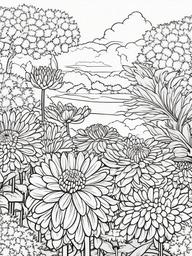 Chrysanthemum coloring page sheet - Chrysanthemums blooming in a well-kept flower bed.  black outline printable coloring page