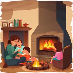 Family clipart - family gathered around a fireplace  