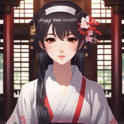 Charming shrine maiden in a serene temple.  front facing ,centered portrait shot, cute anime color style, pfp, full face visible