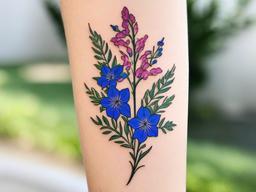 July Birth Tattoo-Celebrating the essence of July with a birth tattoo, symbolizing love, positivity, and the vibrant energy of the larkspur bloom.  simple vector color tattoo
