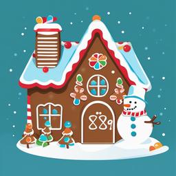 Gingerbread House clipart - gingerbread house with a snowman nearby  color,minimalist,vector clipart