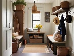 Cottage mudroom features cozy furnishings, vintage decor, and warm colors that create a charming and inviting atmosphere for welcoming guests.  