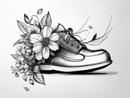 drawing of a shoe with flowers  minimal rough sketch scribbles,doodles,black and white