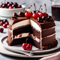 a slice of decadent black forest cake, with layers of chocolate sponge, cherries, and whipped cream. 