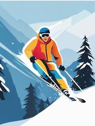 Snow Skiing Downhill Powder Run Clipart - Skiers making a thrilling downhill run on powder snow.  color vector clipart, minimal style