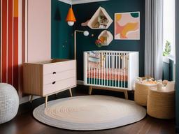 The nursery features maximalist interior design with playful colors, fun patterns, and a mix of decor that create an imaginative and stimulating space for the baby.  