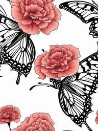 Carnation Butterfly Tattoo,Symbolism of transformation and beauty in a carnation butterfly tattoo, capturing the essence of change and love.  simple color tattoo,minimal vector art,white background