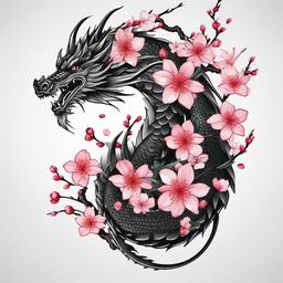 Dragon and Cherry Blossom Tattoo - Tattoo featuring both a dragon and cherry blossoms.  simple color tattoo,minimalist,white background