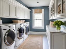 In the laundry room, Hampton interior design includes practical storage solutions, light colors, and cheerful decor that make chores feel stylish and enjoyable.  