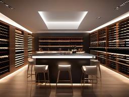 In the wine cellar, futuristic interior design features sleek racks, integrated lighting, and a modern aesthetic that creates a unique space for wine enthusiasts to enjoy.  