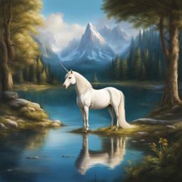 wise unicorn standing beside a crystal-clear pond, offering its guidance to a lost traveler. 