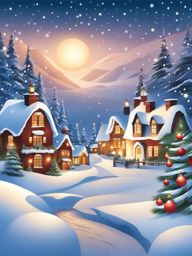 christmas clipart,decorating a snowy village with twinkling lights 