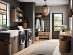 Modern Rustic laundry room combines sleek fixtures with rustic wood accents and warm textiles for a stylish yet inviting laundry space.  