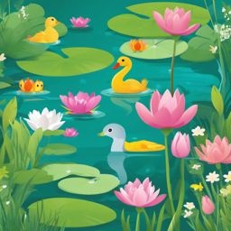 Springtime Pond Life clipart - Life in a vibrant spring pond, ,vector color clipart,minimal