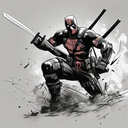 drawing of Deadpool in a battle scene  minimal rough sketch scribbles,doodles,black and white