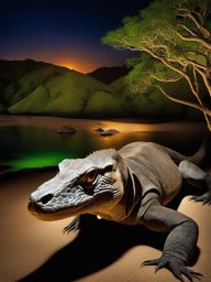 komodo island, indonesia - create a scene of the prehistoric-looking komodo dragons roaming the island at night. 