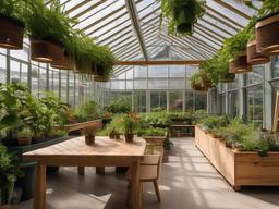 Biophilic interior design in the greenhouse features natural wood structures, vibrant plants, and ample light, creating an uplifting environment for gardening and plant care.  