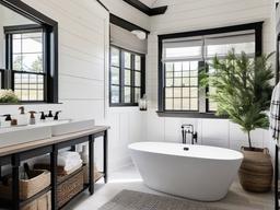 Modern farmhouse bathroom with shiplap walls and black hardware.  