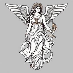 Nike Goddess of Victory Tattoo - Embrace victory and triumph with a Nike tattoo, featuring the goddess of victory from Greek mythology.  simple color tattoo, white background