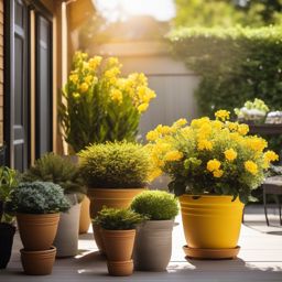 Sunny Patio Space - Sunny patio space with bright yellow accents and potted plants. realistic, professional photography, bokeh, natural lighting, canon lens, shot on dslr 64 megapixels sharp focus