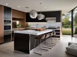 Modern kitchen features sleek cabinetry, a large island with seating, and stainless steel appliances for a clean and functional cooking space.  