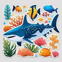 Whale Shark and Tropical Fish Emoji Sticker - Gentle giant amid coral companions, , sticker vector art, minimalist design