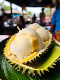 durian and coconut sticky rice, a unique thai dessert, devoured at a floating market in bangkok. 